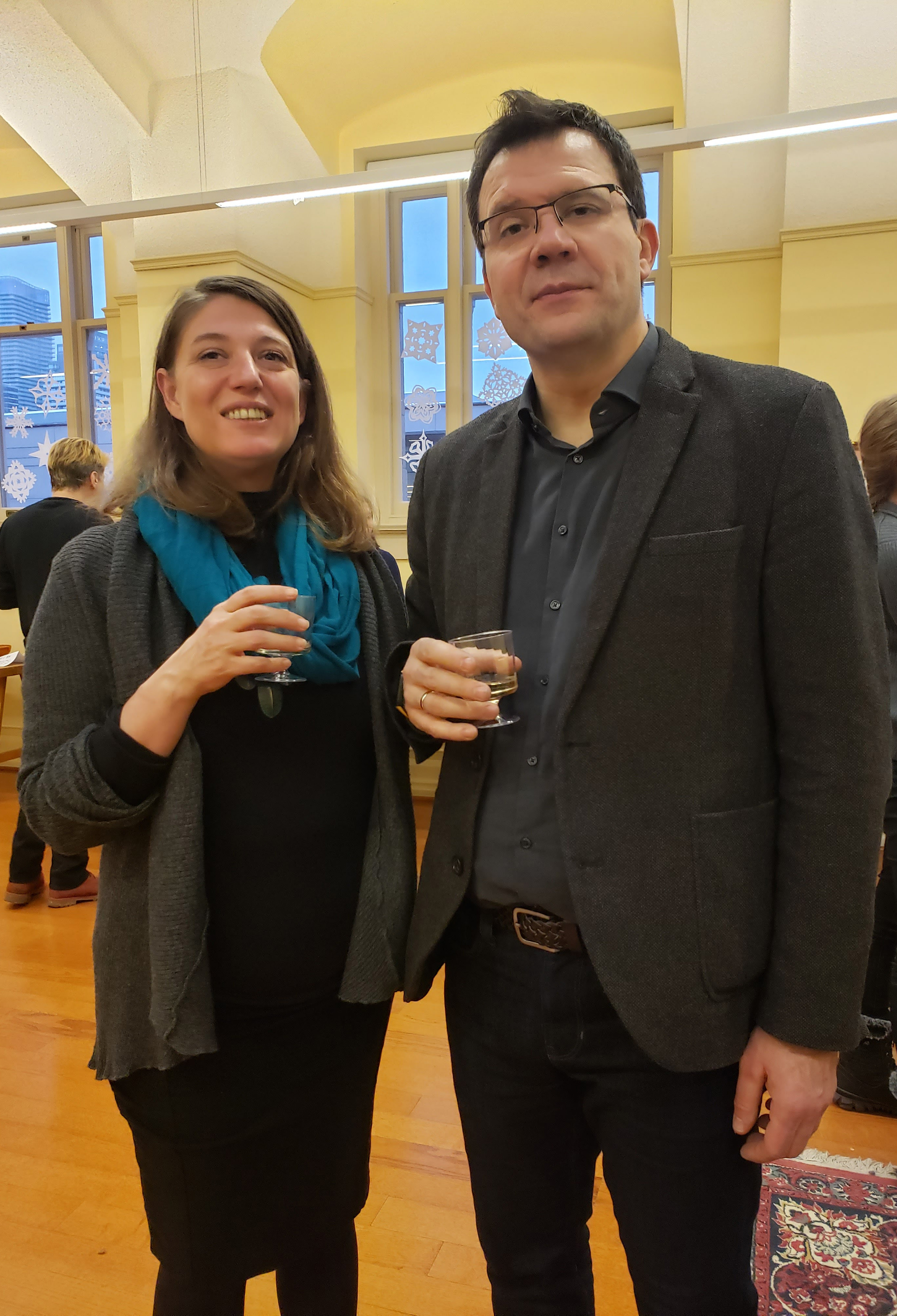 CMS Director Elisa Brilli and Professor Sebastian Sobecki toast his lecture at a reception following the inaugural Convivium.