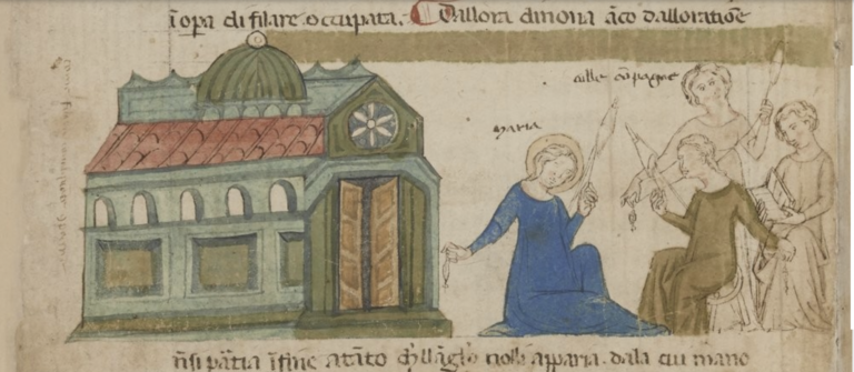 Mary and other young women in the Temple (1325-1350), Johannes de Caulibus, Meditatione de la uita del nostro Signore Ihesu Christo, Paris, BnF, Ital 115, f.7v. Mary and other young women in the Temple