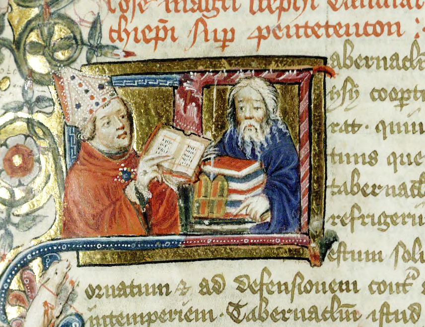 medieval illumination of Langton in bishop robes, showing a manuscript to Moses who holds 5 books and the tables of the Law