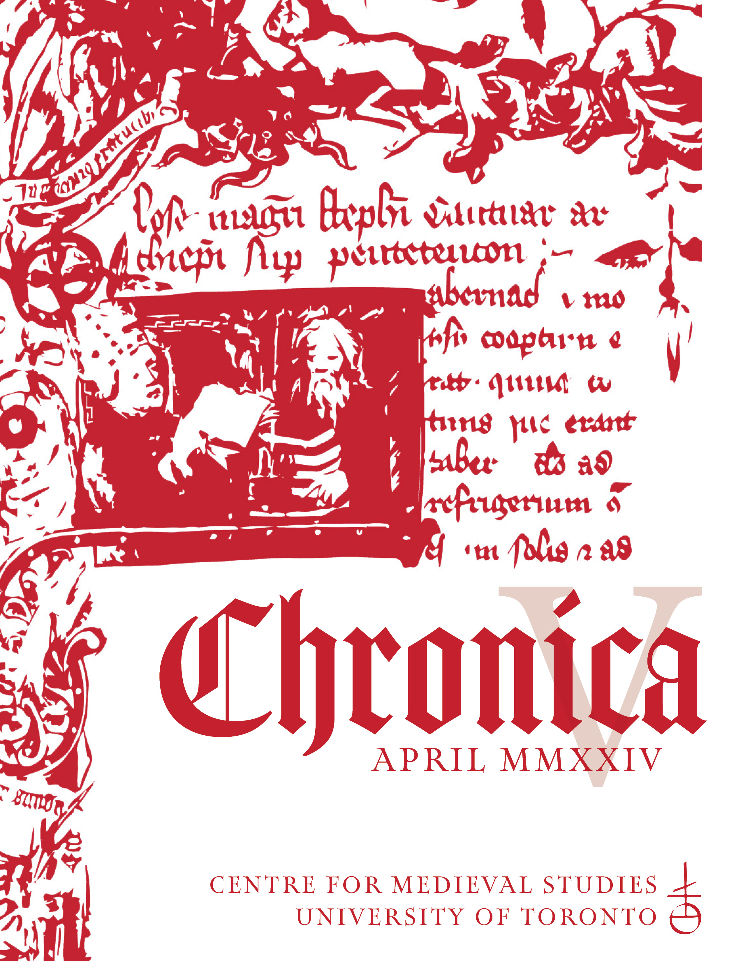 Chronica 5 front cover with red and white stylised image of a manuscript page showing medieval text, a framed illumination of two figures surrounded by scrolls, flora, and fauna