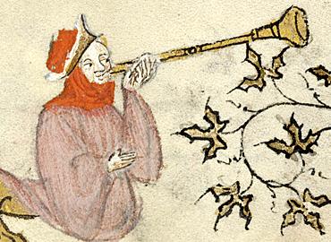 medieval illumination of a figure blowing a trumpet