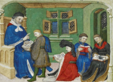 Medieval drawing of Aristotle teaching students