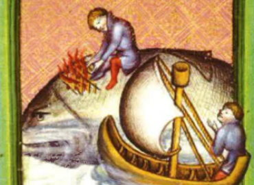 Medieval drawing of Brendan on the back of a whale