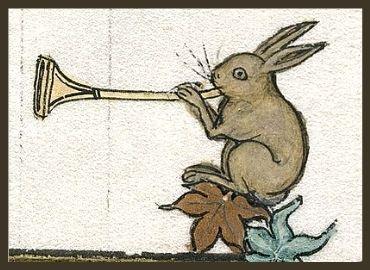 Medieval drawing of rabbit blowing trumpet