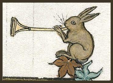 medieval illustration of a rabbit playing a buisine