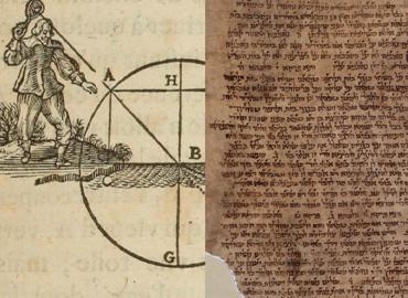 two manuscript pages. John Philoponus on the left, a page from the Mishnah on the right