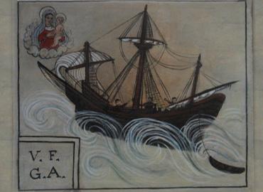 illustration of a ship on the waters with celestial figures watching from above