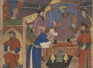 Zal meets king Manuchihr, asking for his mercy (CBL Per 111.4v detail)