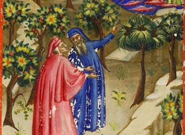 Dante and Virgil make their way through a beautiful landscape (c. 14th century)