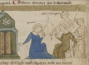 Mary and other young women in the Temple (1325-1350), Johannes de Caulibus, Meditatione de la uita del nostro Signore Ihesu Christo, Paris, BnF, Ital 115, f.7v.