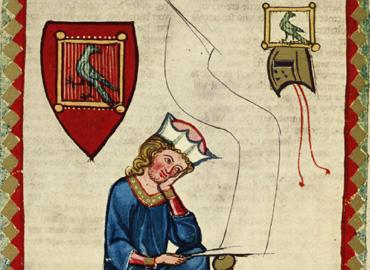 medieval illumination of a contemplative figure, shield, and bird