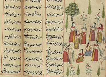 Persian manuscript page with text and illustrations of figures and trees