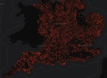 Domesday Map, black background with red point over the Isle
