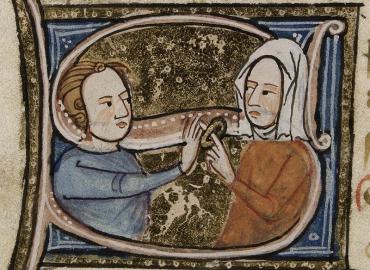 A decorated letter &amp;quot;S&amp;quot; with miniatures of a man putting a ring on a woman&amp;#039;s finger