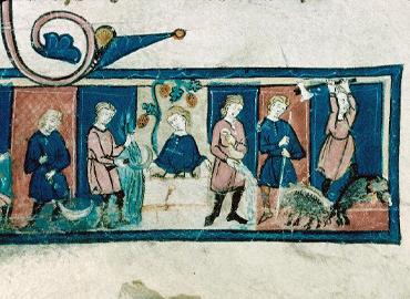 medieval illumination of 6 figures cutting grape vines