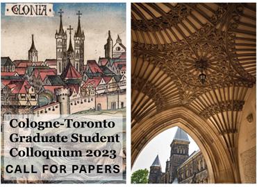 drawing of cologne beside a photography of a decorative arch on the U of T campus