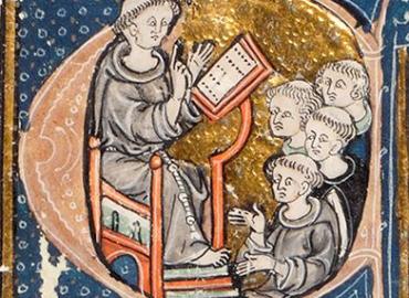 Medieval drawing of man teaching students