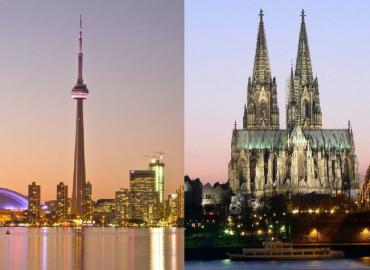 Side-by-side views of the Toronto and Cologne skylines