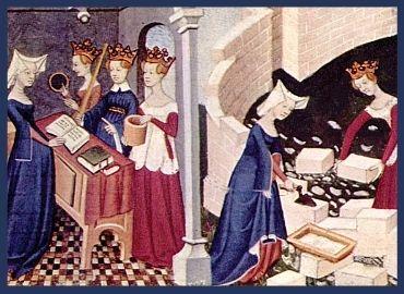 Medieval Drawing of Noble Ladies Learning and Working Together