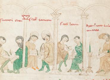 medieval illustration of figures writing together