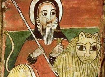 Medieval Ethiopian drawing of a saint riding a lion