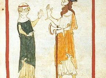 Medieval drawing of a woman in a veil and a man in a hat